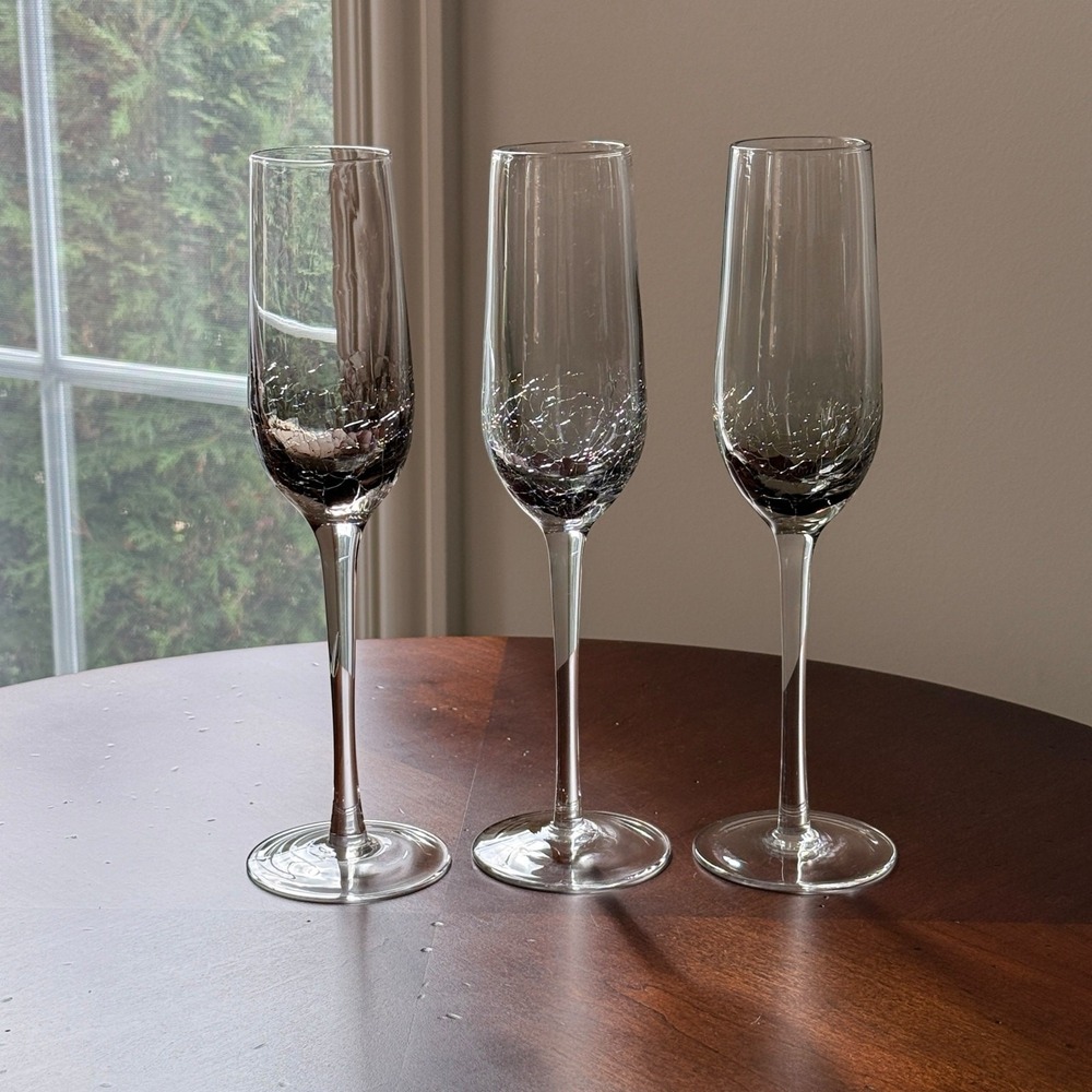 Pier 1 Crackle Glass Champagne Flutes Smoke Gray Clear Stem Set of 3 EUC Barware